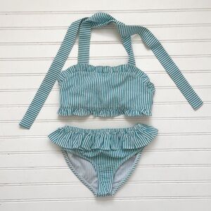 KELLY’S KIDS EUC Teal Striped Seersucker Ruffle 2 Piece Swimsuit